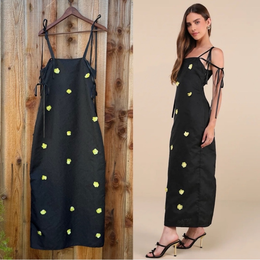 🌿 Black Jacquard and Yellow 3D Daisy Flower Tie-Strap Midi Dress 🌿